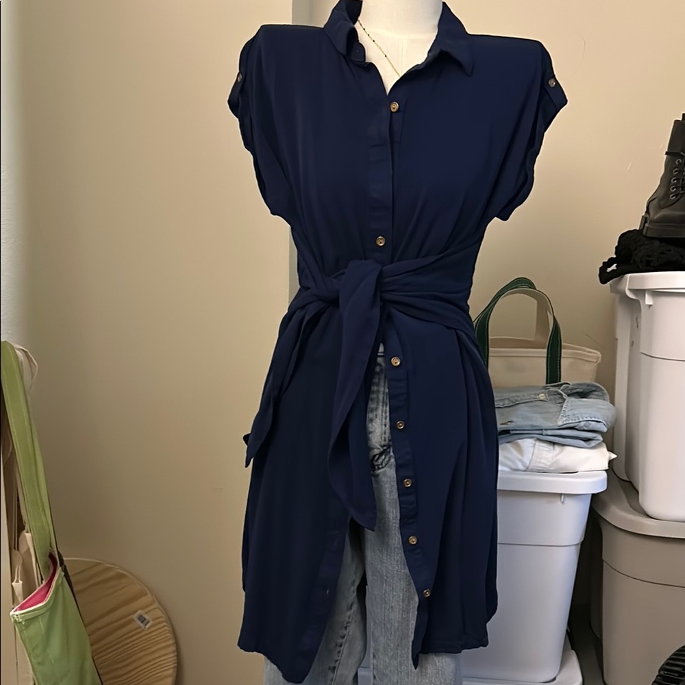 Navy Blue Button-Up Shirt-Dress